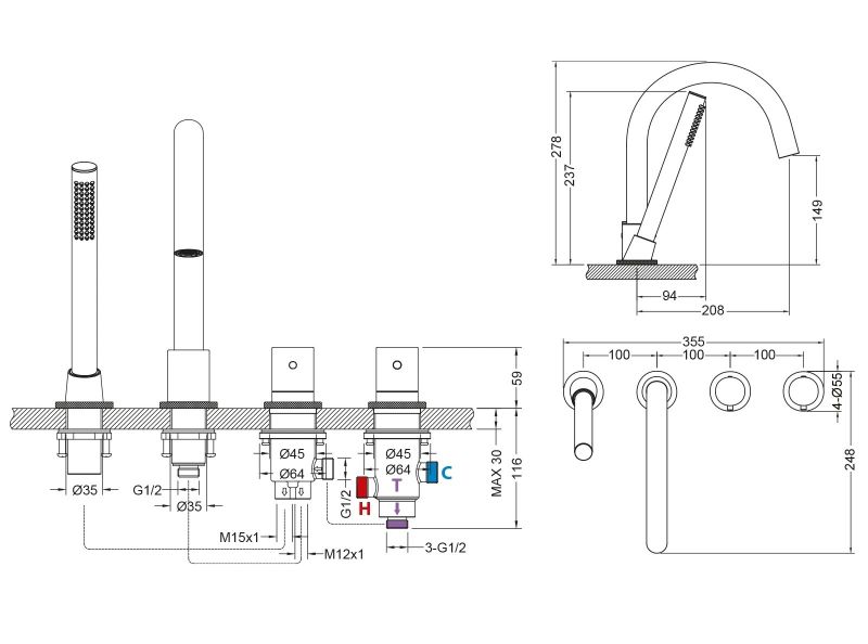 Смеситель на борт ванны Timo Saona 2330/00Y с термостатом хром