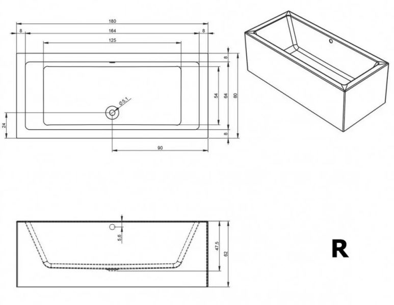 Акриловая ванна Riho Lugo Plug and Play B133015005 R 180х80см белый