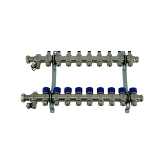 Коллекторная группа, ELSEN, 1, 9 контуров, размер отвода-3/4, PN, бар-4, T°C -от 0 до +70, EMi02.09, с вентилями, нержавеющая сталь