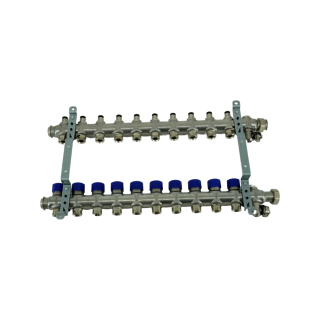 Коллекторная группа, ELSEN, 1, 10 контуров, размер отвода-3/4, PN, бар-4, T°C -от 0 до +70, EMi02.10, с вентилями, нержавеющая сталь