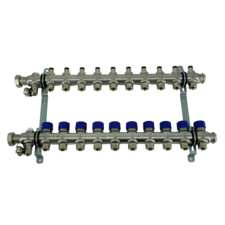 Коллекторная группа, ELSEN, 1, 10 контуров, размер отвода-3/4, PN, бар-4, T°C -от 0 до +70, EMi02.10, с вентилями, нержавеющая сталь