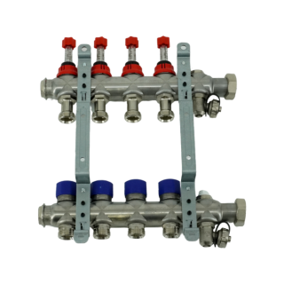 Коллекторная группа, ELSEN, 1, 4 контура, размер отвода-3/4, PN, бар-4, T°C -от 0 до +70, EMi03.04, с вентилями и расходомерами, нержавеющая сталь