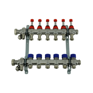 Коллекторная группа, ELSEN, 1, 6 контуров, размер отвода-3/4, PN, бар-4, T°C -от 0 до +70, EMi03.06, с вентилями и расходомерами, нержавеющая сталь