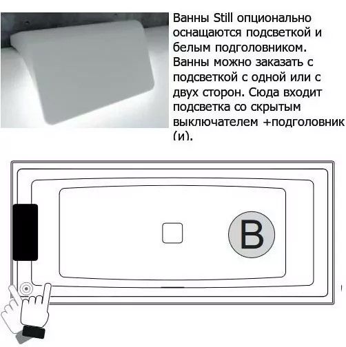 Акриловая ванна с подсветкой Riho Still Square LED B099004005 180х80см светодиоды и подголовник слева белый