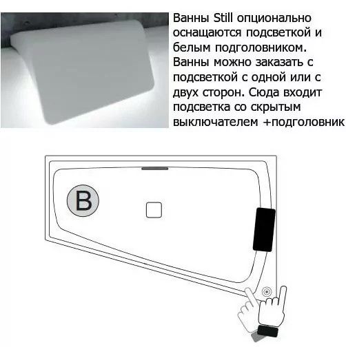Акриловая ванна с подсветкой Riho Still Smart LED Fall B102011005 L 170х110см светодиоды и подголовник справа заполнение через перелив белый