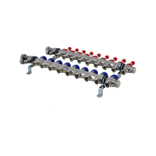 Коллекторная группа, ELSEN, 1, 9 контуров, размер отвода-3/4, PN, бар-4, T°C -от 0 до +70, EMi03.09, с вентилями и расходомерами, нержавеющая сталь
