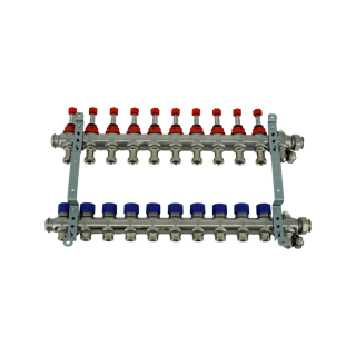 Коллекторная группа, ELSEN, 1, 10 контуров, размер отвода-3/4, PN, бар-4, T°C -от 0 до +70, EMi03.10, с вентилями и расходомерами, нержавеющая сталь