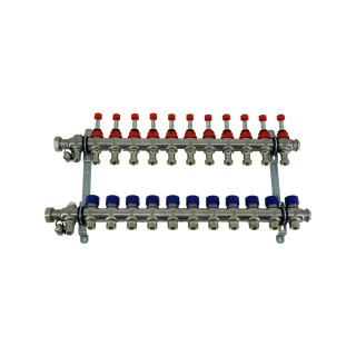 Коллекторная группа, ELSEN, 1, 11 контуров, размер отвода-3/4, PN, бар-4, T°C -от 0 до +70, EMi03.11, с вентилями и расходомерами, нержавеющая сталь