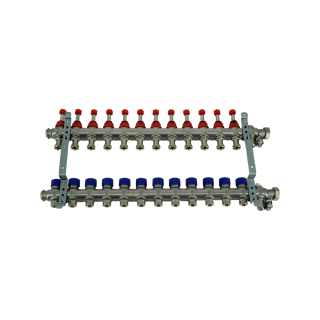 Коллекторная группа, ELSEN, 1, 12 контуров, размер отвода-3/4, PN, бар-4, T°C -от 0 до +70, EMi03.12, с вентилями и расходомерами, нержавеющая сталь