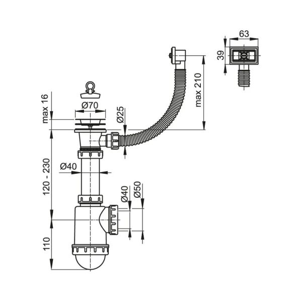 Сифон для мойки AlcaPlast с нержавеющей решеткой ?70 гофропереливом без штуцера A444-DN50/40