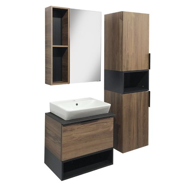 Comforty Тумба-умывальник Штутгарт-60 дуб тёмно-коричневый с черной столешницей c раковиной COMFORTY 9055RA-50