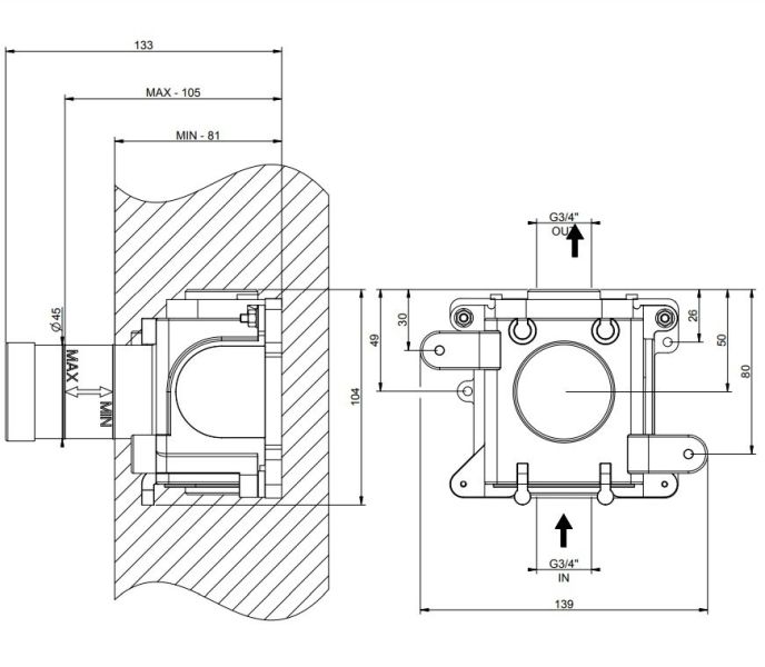 Скрытая часть запорного вентиля для термостата высокой производительности Gessi Inciso 43283.031 хром