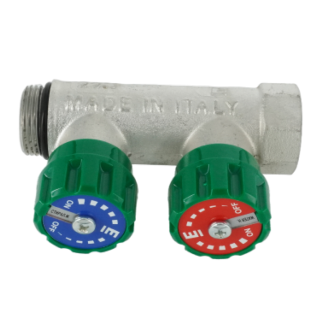 Коллектор модульный, 3/4, 2 контура, размер отвода-3/4 ЕК, EMW01.02T, вентили под 90°, TIN латунь