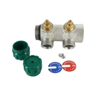 Коллектор модульный, 1, 2 контура, размер отвода-3/4 ЕК, EMW02.02T, вентили под 90°, TIN латунь