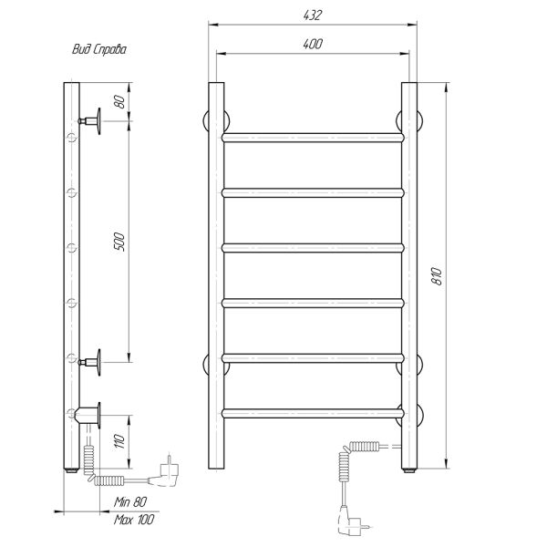 Полотенцесушитель электрический Domoterm Классик DMT 109-6 40x81 EK R хром