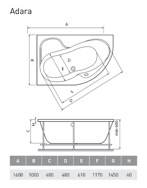 Акриловая ванна Relisan Adara 170x100 L Гл000013731 без гидромассажа