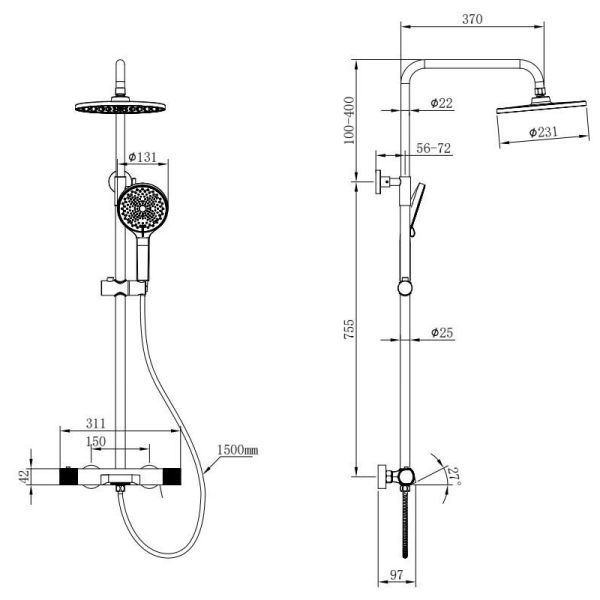 Душевая стойка Kohr Thermostatic Sun 1WN180304BG-0000A с термостатом брашированное золото