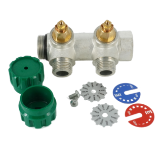 Коллектор модульный, 3/4, 2 контура, размер отвода-1/2 НР ПУ, EMW03.02T, вентили под 90°, TIN латунь