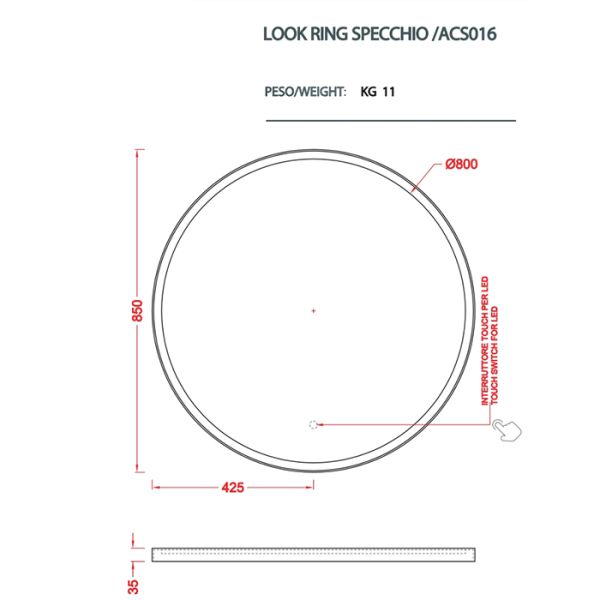 Зеркало Artceram Lord ACS016 17 в металлической раме с LED-подсветкой и сенсорным выключателем черное