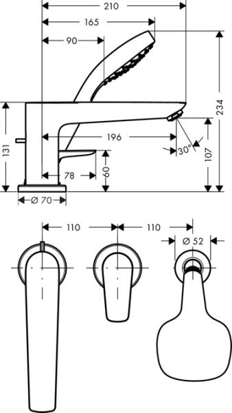 Смеситель Hansgrohe Talis E 71731000 на борт ванны, на 3 отверстия, однозахватный, хром