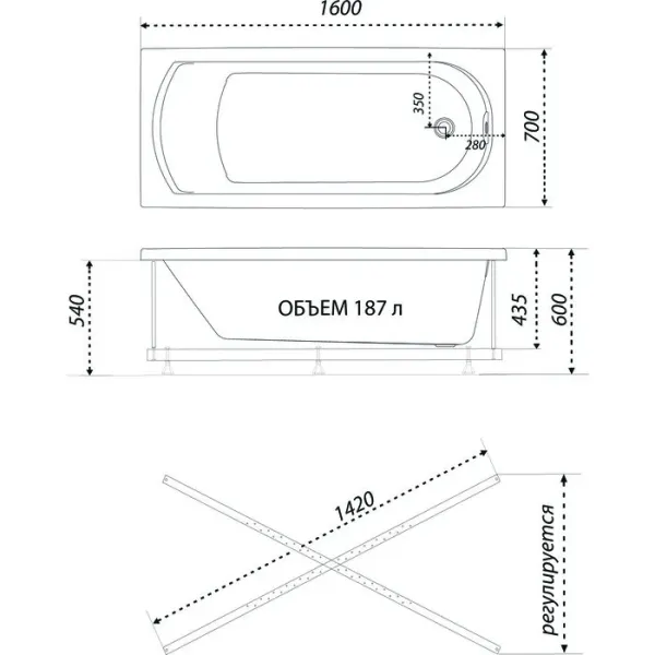 Акриловая ванна 1ACReal Дюна Щ0000046662 160x70 см на Х-каркасе белый