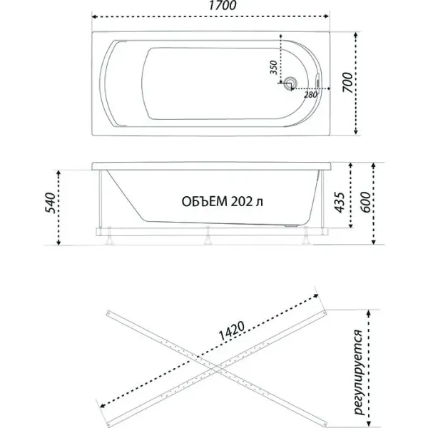Акриловая ванна 1ACReal Дюна Щ0000046663 170x70 см на Х-каркасе белый