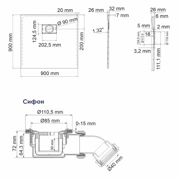 Душевой поддон Wasserkraft Elbe 74T03 90x90