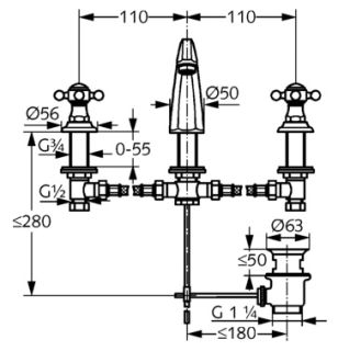 Смеситель для раковины на три отверстия Kludi 1926 позолоченный 510434520