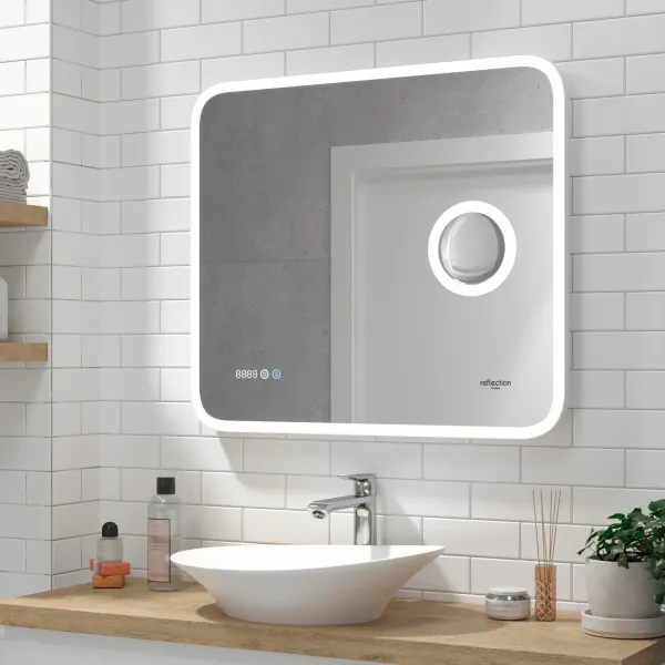 Зеркало Reflexion Point RF4513PT с LED подсветкой сенсором увеличительным зеркалом и часами 80х70