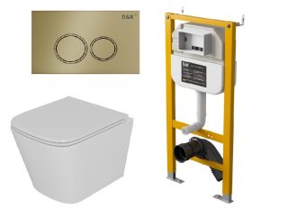 Комплект D&K Унитаз подвесной безободковый (торнадо) DT1436516 белый, Инсталляция DI8050127, Клавиша смыва DB1529007 матовое золото (DS1431633)