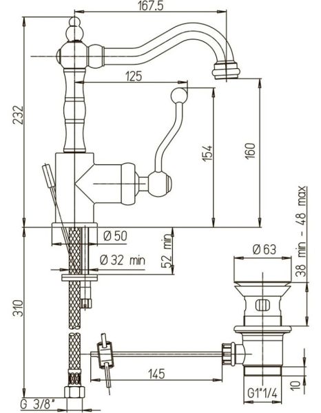 Смеситель для раковины Paini Duomo 88F3250 старая бронза