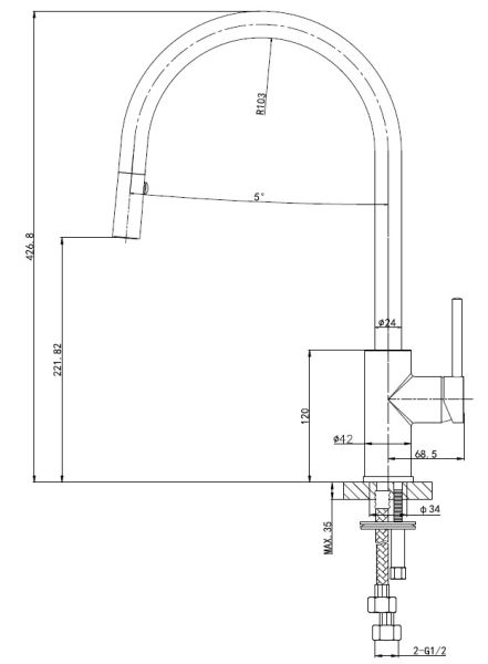 Смеситель для кухни Wonzon & Woghand WW-422902-CR с выдвижным изливом хром