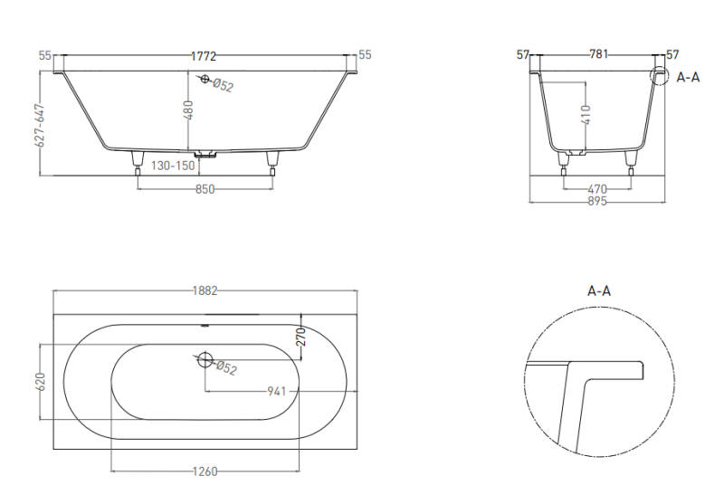Ванна из искусственного камня Salini Ornella Axis S-Sense 103412MRF 190x90см RAL полностью