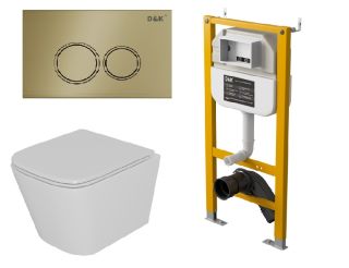Комплект D&K Унитаз подвесной  безободковый DT1436016, Инсталляция DI8050127, Клавиша смыва DB1529007 матовое золото (DS1431630)