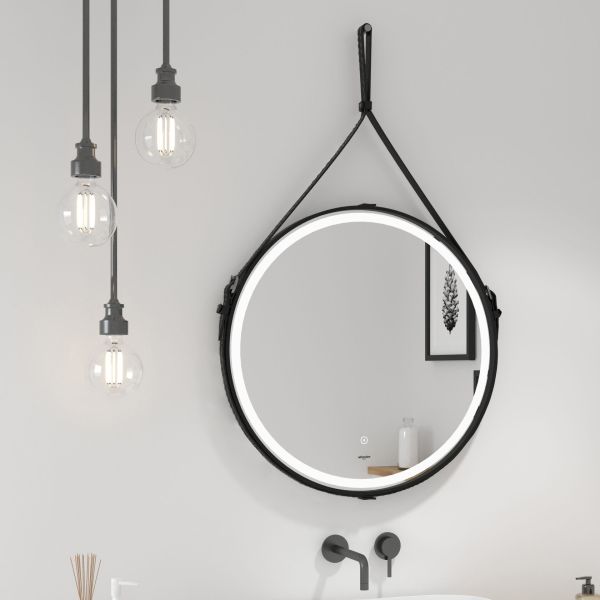 Зеркало Reflexion Skin RF5325SK с LED подсветкой сенсором на ремне из натуральной кожи черного цвета 65х65