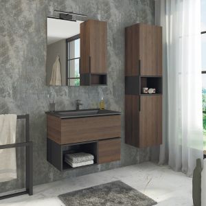 Comforty Тумба-умывальник "Франкфурт-75" дуб шоколадно-коричневый с раковиной COMFORTY 75E черная матовая