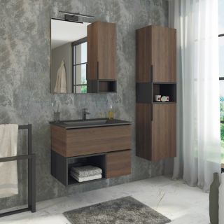Comforty Тумба-умывальник "Франкфурт-75" дуб шоколадно-коричневый с раковиной COMFORTY 75E черная матовая