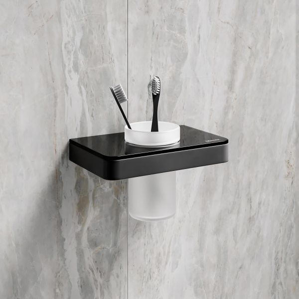 Стакан для зубных щёток Lemark Glass Line 9732036 с держателем чёрный матовый/чёрное стекло