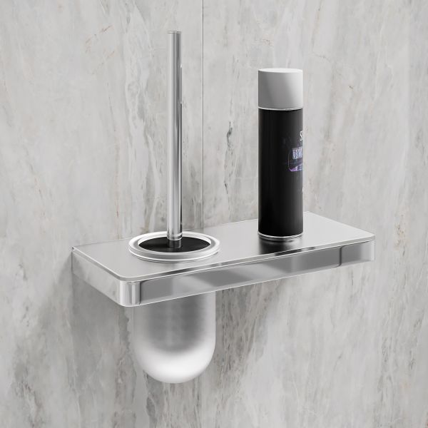 Ёршик для унитаза Lemark Glass Line 9761031 с держателем и полкой хром/белое стекло