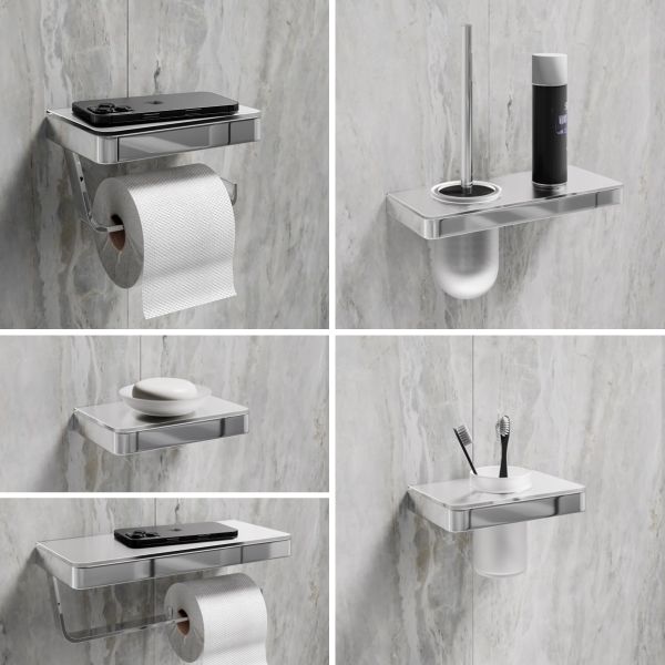 Ёршик для унитаза Lemark Glass Line 9761031 с держателем и полкой хром/белое стекло