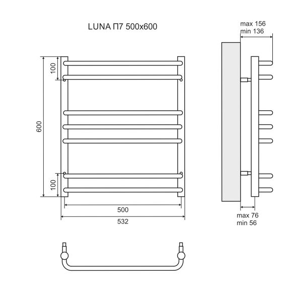 Полотенцесушитель электрический Lemark Luna П7 LM41607E 500x600, левый/правый