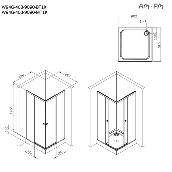 Душевой уголок Am.Pm X-joy W94G-403-9090-BТ1К 90x90 см без поддона чёрный матовый