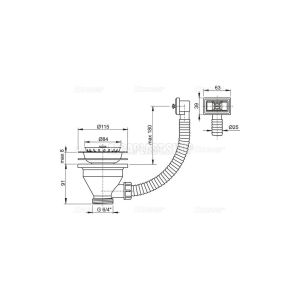 Водослив сифона для мойки AlcaPlast 6/4" с нержавеющей решеткой ?115 и гофропереливом A38