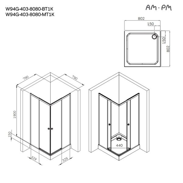 Душевой уголок Am.Pm X-joy W94G-403-8080-МТ1К 80x80 см без поддона хром матовый