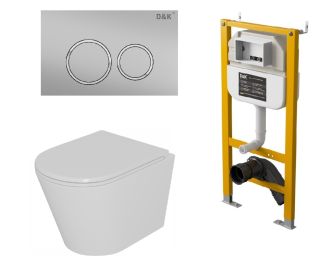 Комплект D&K Унитаз подвесной безободковый (торнадо) DT1026516, Инсталляция DI8050127, Клавиша смыва DB1529002 матовый хром (DS1021613)