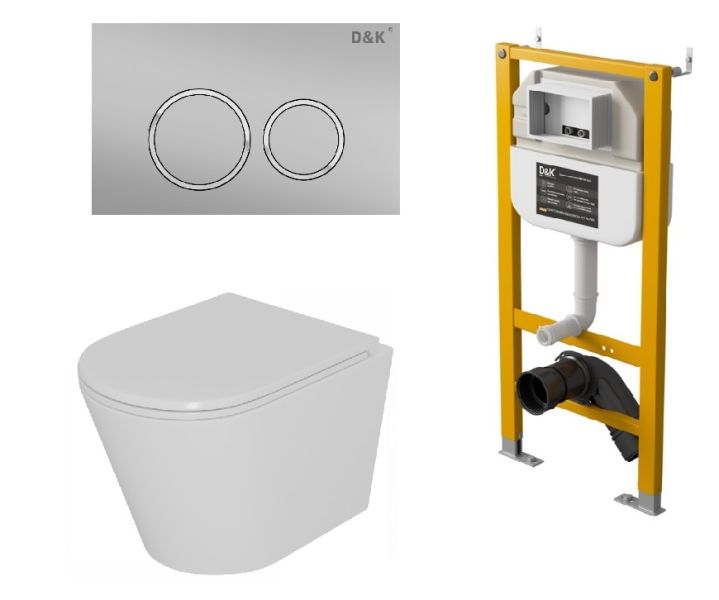 Комплект D&K Унитаз подвесной безободковый (торнадо) DT1026516, Инсталляция DI8050127, Клавиша смыва DB1529002 матовый хром (DS1021613)