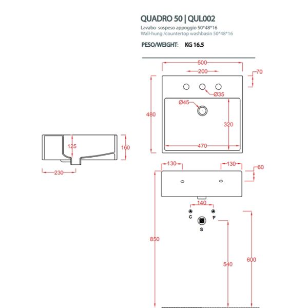 Раковина ArtCeram QUADRO QUL002 01 00 белая 50 см