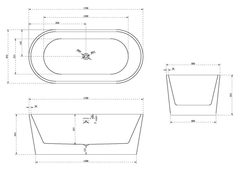 Акриловая ванна ABBER AB9209MB 170x80x60
