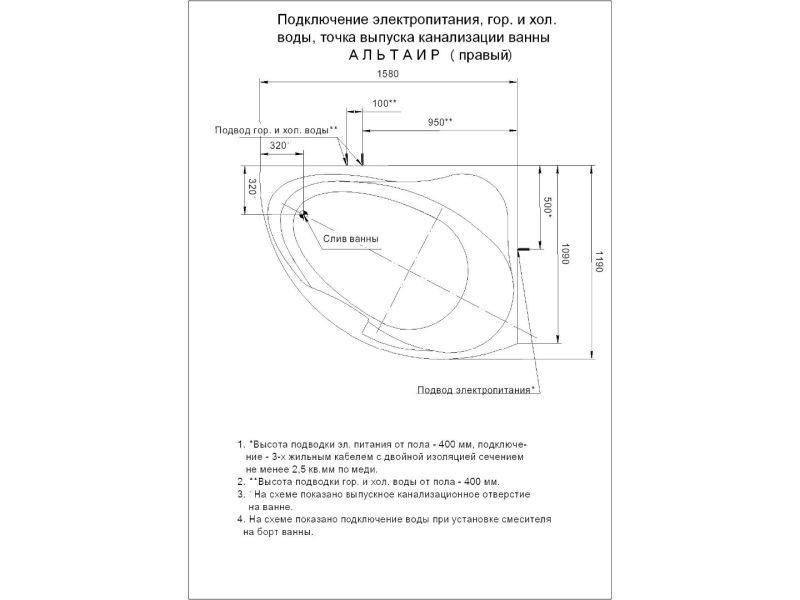 Акриловая ванна АКВАТЕК Альтаир 160x120 см правая без гидромассажа