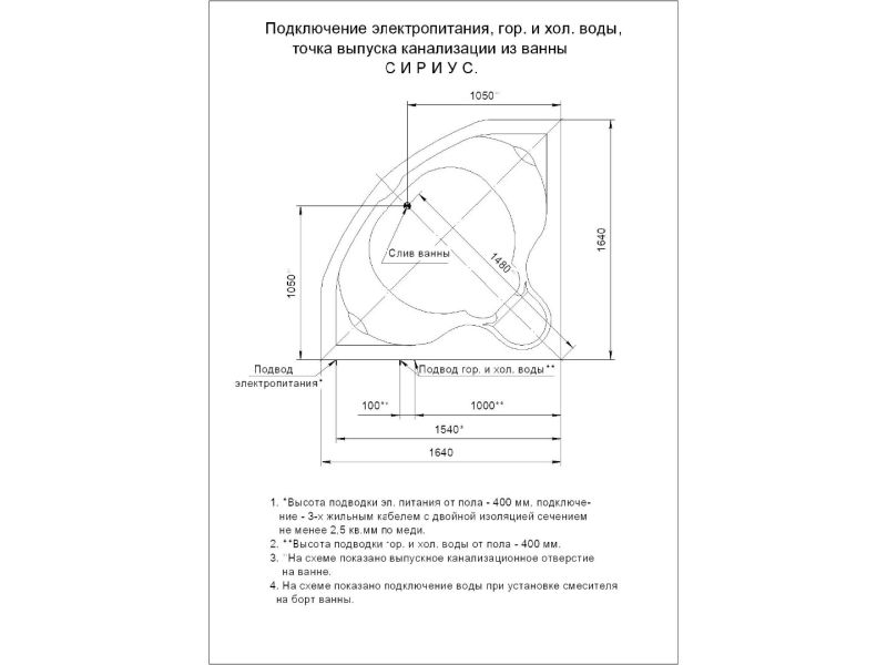 Акриловая ванна АКВАТЕК Сириус 164x164 см без гидромассажа